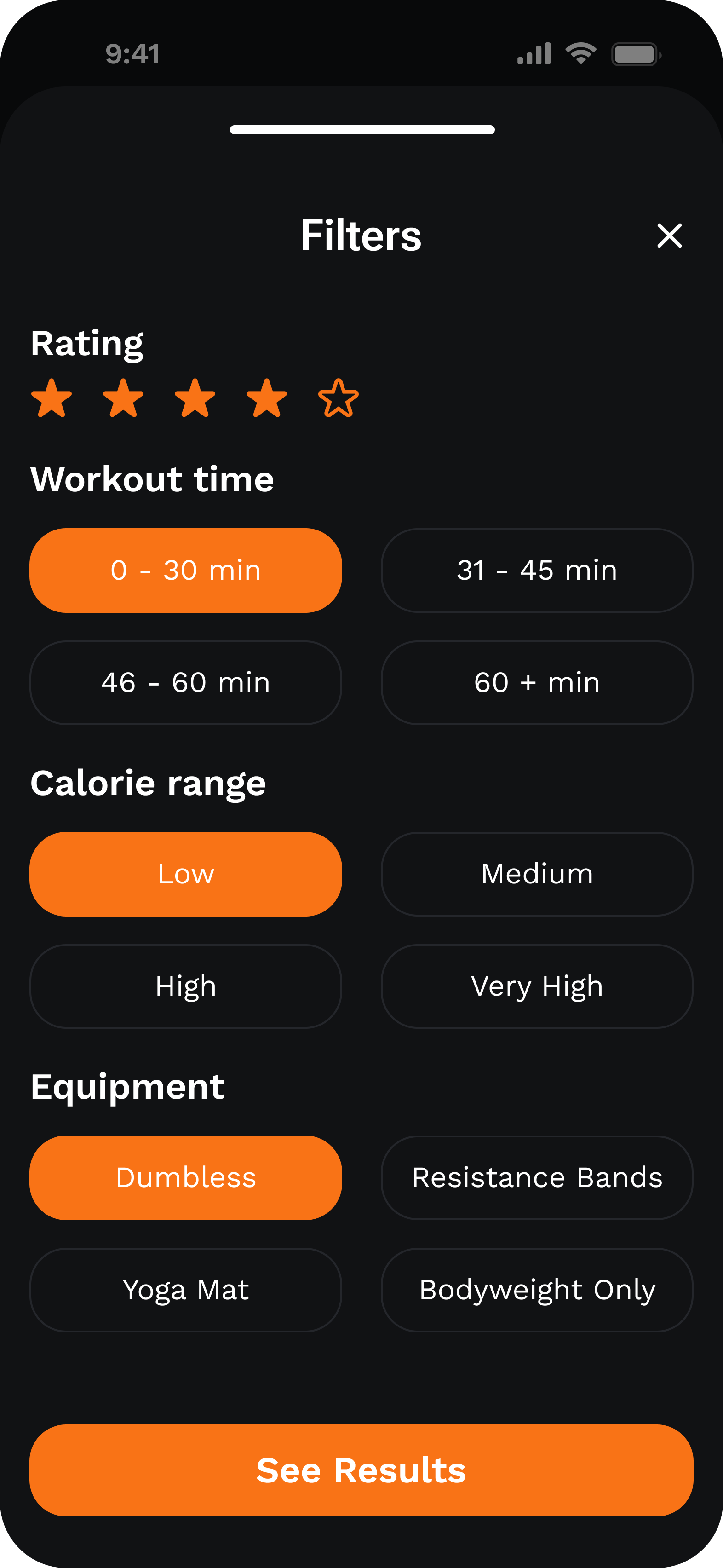 Workout Filters Modal